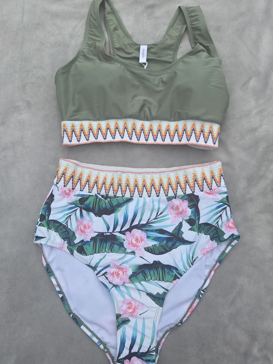 Dokotoo Other - Dokotoo Olive Green High-Waist Floral Bikini Set  - NEW